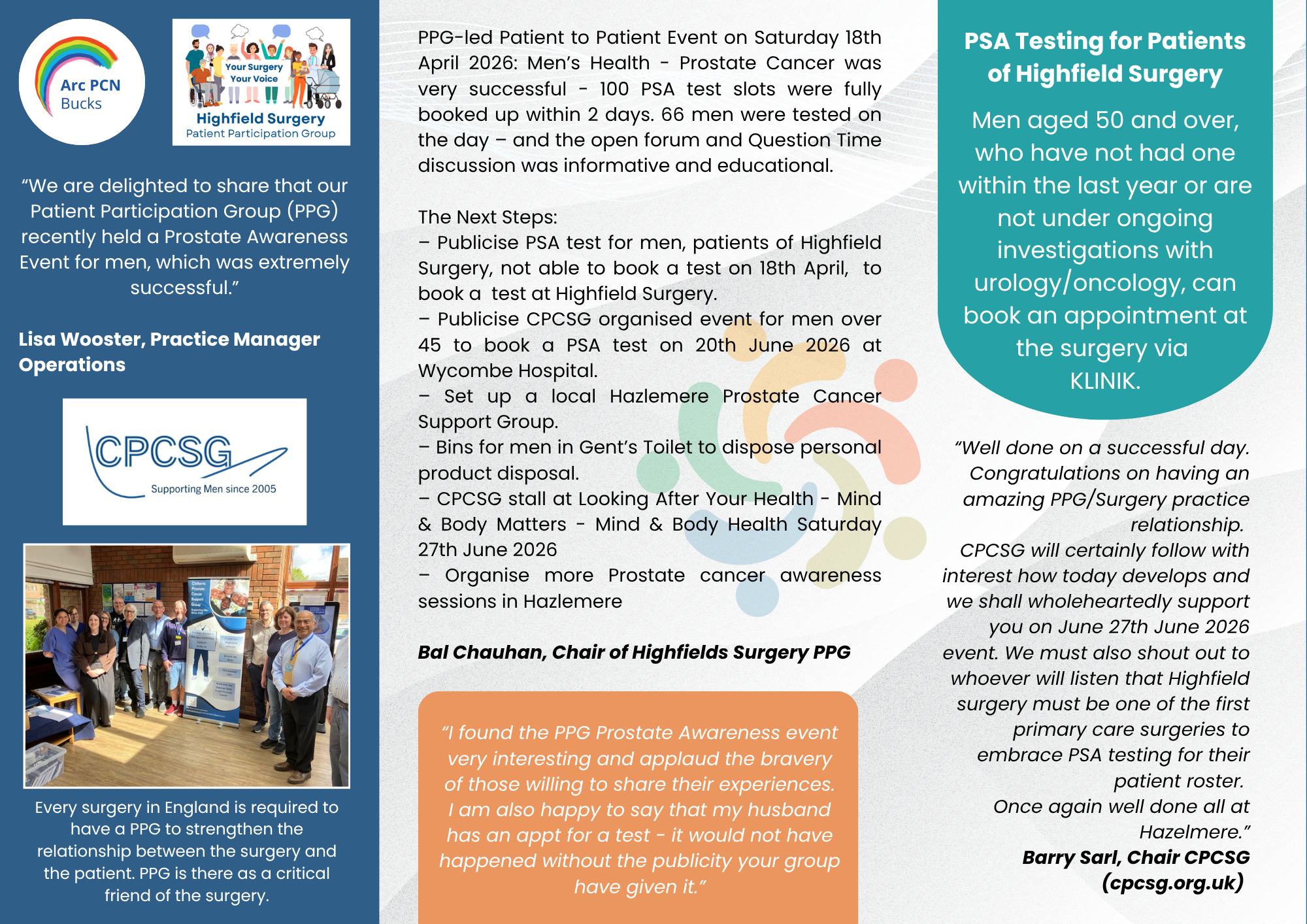Prostate Cancer Awareness Day -  18th April 2026 Feedback and Follow up Action Plan